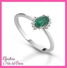 ANELLO SOLITARIO ORO BIANCO 18K  VERO SMERALDO E DIAMANTI NATURALI  0.85 CARATI