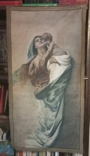 Vecchio Antico Dipinto Religioso A Olio Madonna Con Bambino Su Tela 52x100cm