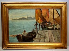 ANTICO DIPINTO OLIO TAVOLA PAESAGGIO Venezia San Marco BARCHE PESCATORI GONDOLA 