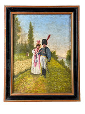 Tableau ancien Mariage Hussard portrait romantique Napoléon Militaria costume 19