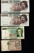 bella raccolta 4 banconote lire italiane - centomila, cinquemila, mille ..
