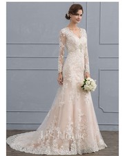 Abito da sposa tromba/sirena scollo a V corte treno tulle pizzo rosa...