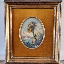 Quadro di Miniatura, paesaggio con fiume e pescatore con cornice argento mecca.