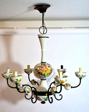 Lampadario Ceramica Bassano dipinta Mano 6 Luci Vintage Country Rustico Art-1SE