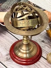 Antica sfera armillare vintage in ottone zodiacale con base in legno 5 pollic...