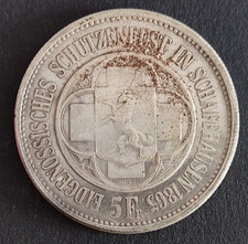 SVIZZERA HELVETIA 5 FRANCHI FRANCS 1865 TIRO DI SCIAFFUSA PLACCATO ARGENTO