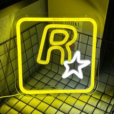 Rockstar Games Insegna Neon LED R-Star Gta VI Gialla Gamer Parete Decorazione A+