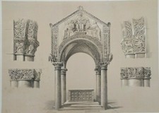 Stampa antica Baldacchino Sant'Ambrogio Milano Alieusetti Moore Litografia 1843