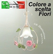 LAMPADARIO IN FERRO BATTUTO 1 LUCE AVORIO ORO SOSPENSIONE FIORI ROSA ORO Sogno