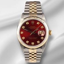 Rolex Datejust 36mm Oro Giallo Scanalata Rosso Diamante Quadrante Orologio 16013