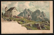 Cartolina artistica Zeno Diemer: Castelrotto, panorama con chiesa e Sciliar 