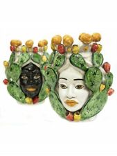 Coppia teste di moro con fichi d'india in ceramica di Caltagirone 30 cm