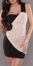 Sexy Mini Abito Monospalla Beige Nero Scollato Aderente Elasticizzato Vestito SM