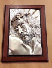 QUADRO VOLTO DEL CRISTO IN POLVERE DI ALABASTRO E BAGNO ARGENTO 32.5 x 24 CM 