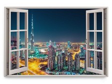Quadro da parete 120 x 80 cm quadro finestra Dubai di notte luci della città grattacieli skyline