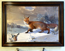 ANTICO GRANDE DIPINTO OLIO VOLPE GHIANDAIA PAESAGGIO INVERNALE NEVE 150x110 cm