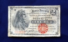 1870 Italia Banca Toscana Banconota 2 lire DANTE Buono di Cassa