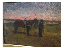 Giovanni Bartolena, uomo E Cavallo, Olio Su Tavola 19x25 Cm