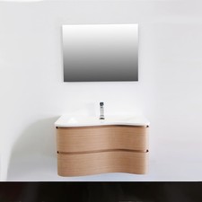 Mobile bagno sospeso 90 cm due cassetti con lavabo specchio color rovere chiaro