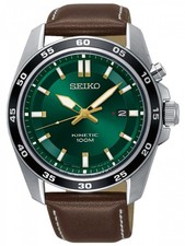 Orologio uomo Seiko Kinetic colore argento/verde con cinturino in pelle 42 mm data 10 ATM SKA79