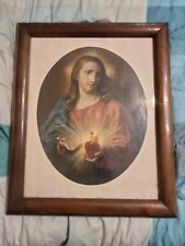 ANTICA STAMPA SANTINO SACRO CUORE DI GESU QUADRO GRANDE-CORNICE  LEGNO CASTAGNO