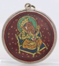 Ciondolo GANESH Amuleto Dipinto A Mano - In Argento Protetto Da Vetro - Induista