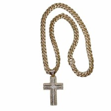 CIONDOLO CROCE SANTA FINITURA ORO 18K 30" CATENA MAGLIA CUBANA COLLANA LABORATORIO DIAMANTE zirconi