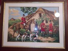 Quadro mezzo punto tela canovaccio ricamato paesaggio con caccia cani capanna