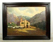 ANTICO GRANDE QUADRO OLIO TELA PAESAGGIO MONTANO CASOLARE AIA FIGURE MACCHIAIOLO