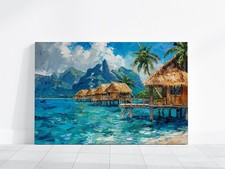 Beach Paradise Wall Art, dipinto bungalow tropicali sull'acqua, paesaggio marino costiero