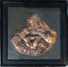 Quadro Madonna con bambino bassorilievo in bronzo cornice nera 28x28