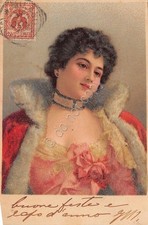 Cartolina - Postcard - Illustrata - Donnina - abito perlinato - 1900 circa