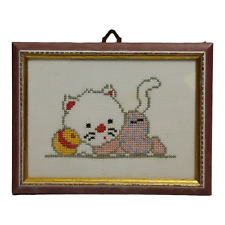 QUADRO DECORATIVO GATTINO TECNICA RICAMATO A PUNTO CROCE IDEA REGALO COLLEZIONE