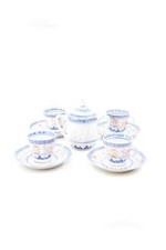 4 Tazzine In Ceramica Made In China Bianche Blu Con Piattini E Zuccheriera