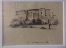 PIETRO ANNIGONI: Paesaggio, CHINA SU CARTA 11,5x16 ARCHIVIO E CORNICE.