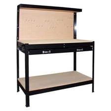 Banco da lavoro in metallo con ripiano cassetto ganci  pannello appendi utensili