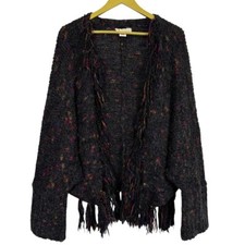 Vintage Gil Aimbez Wool Blend Oversized Shrug Open Cardigan Black Fringe Dolman