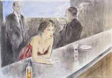 Interno di Caffè Alberto Sughi Opera Dipinto LITOGRAFIA Acquerellata 87x65 Pop