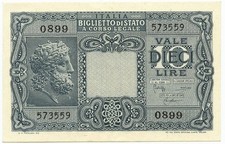 10 LIRE BIGLIETTO STATO GIOVE LUOGOTENENZA UMBERTO CAVALLARO 23/11/1944 SUP+
