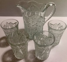 Imperial Daisy & Button Clear Pressed Glass EAPG Water Pitcher And Glasses Set