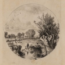 Idillio rurale, 1874, acquaforte romantica paesaggio sconosciuto (XIX secolo)