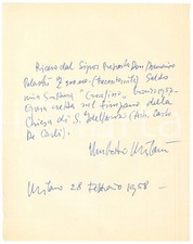 1958 MILANO Scultore Umberto MILANI - Lettera saldo "Crocifisso" *AUTOGRAFO