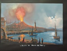 Napoli da Mergellina diurno con eruzione del Vesuvio Gouache 27x38 cm.