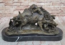 Scultura In Bronzo E Marmo Di Cinghiale Con Cani Da Caccia Arte Decorativa NR
