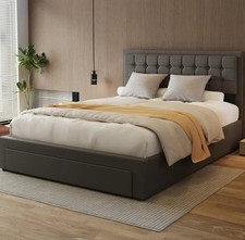 Struttura Letto Matrimoniale 4ft6 Beige Imbottita Piattaforma Lino con Testiera Trapuntata