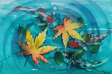 20/28 cm. Acquarello, ORIGINALE Carpe Koi pesci, autunno,  Khromykh Natalia