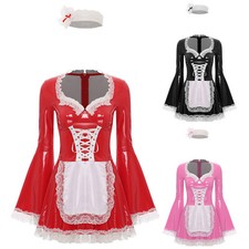Abito da damigella donna gonna cosplay pelle PU minigonna vestito elegante carino scollo a V