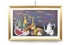 Quadro Dipinto Bottiglie Di Vino Con Frutta Cornice Dorata 47 X 73 Cm