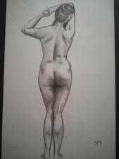 Quadro disegno 24x33 matita carta nudo donna ragazza ritratto cornice vetro 