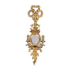 Lampada da parete applique in legno barocco foglia oro a due luci con specchio